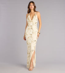 Maren Floral Sequin Mesh Halter Formal Dress