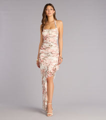 Josephine Floral Mesh Ruffled Slit Formal Dress