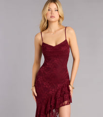 RSVP Ready Lace Asymmetric Ruffle Midi Dress