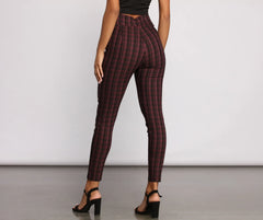 High Waist Snap Front Plaid Skinny Pants