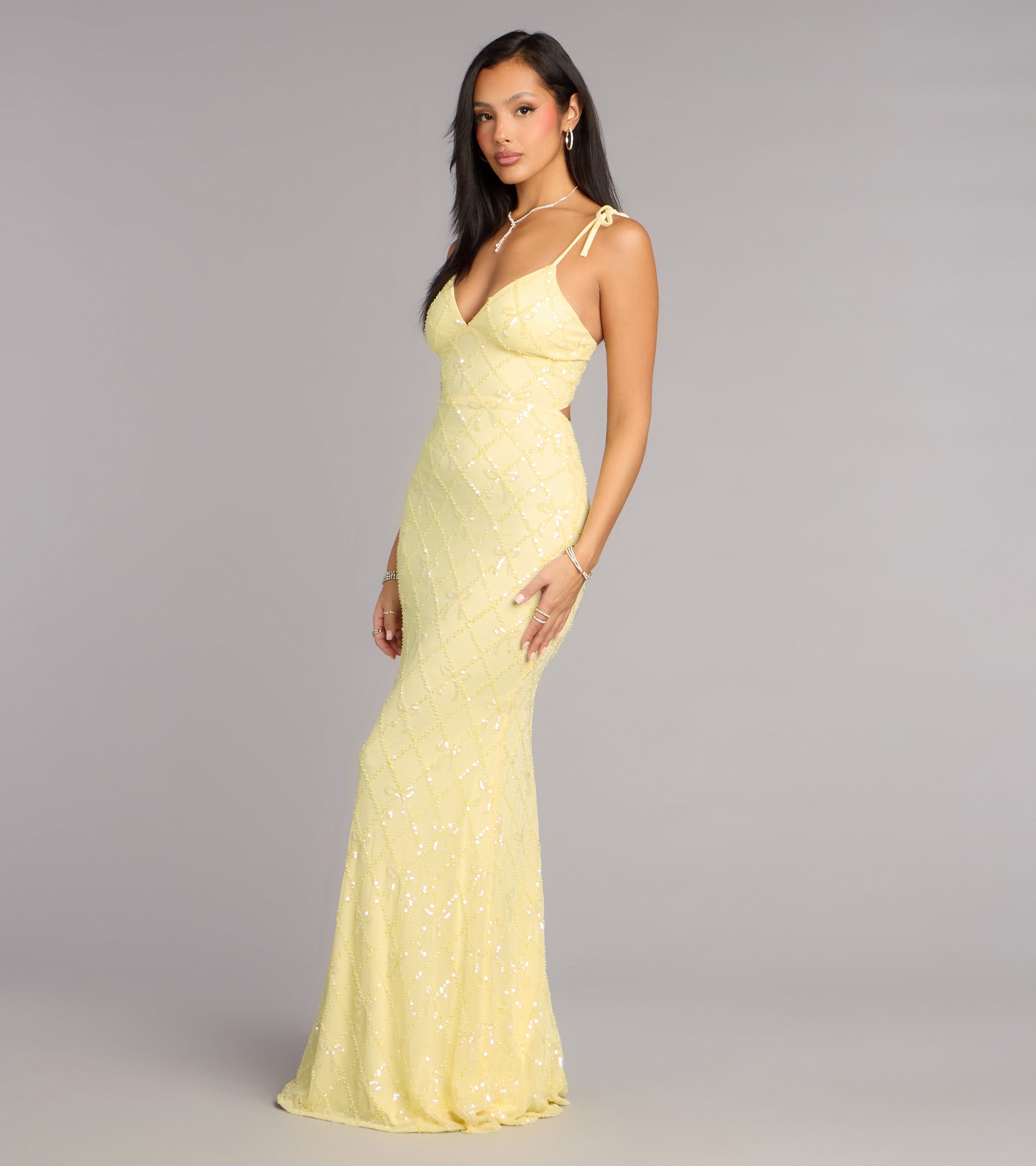 Tessa Bow Beaded Lace-Up Formal Dress