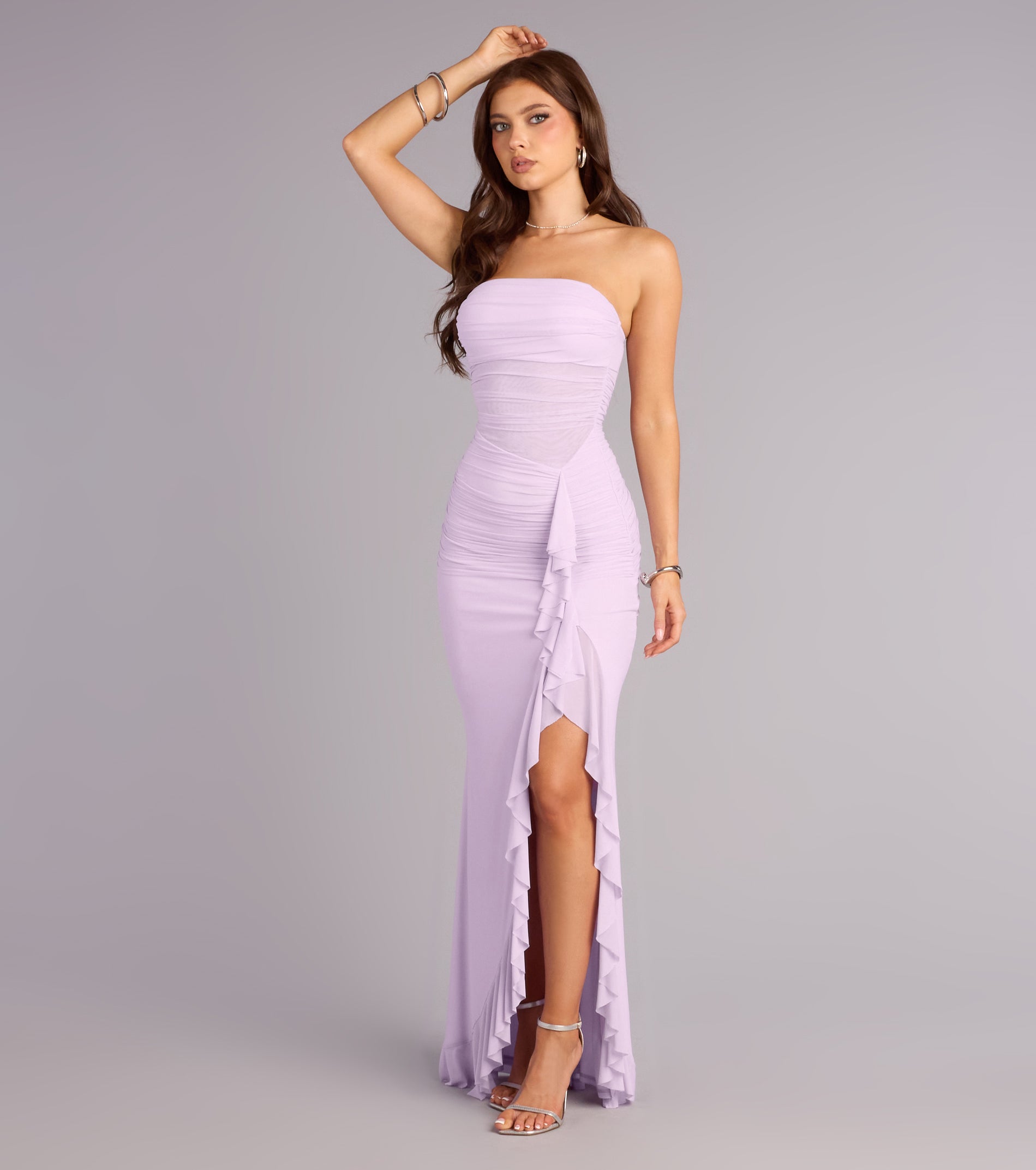 Sienna Mesh Ruffle Slit Formal Dress