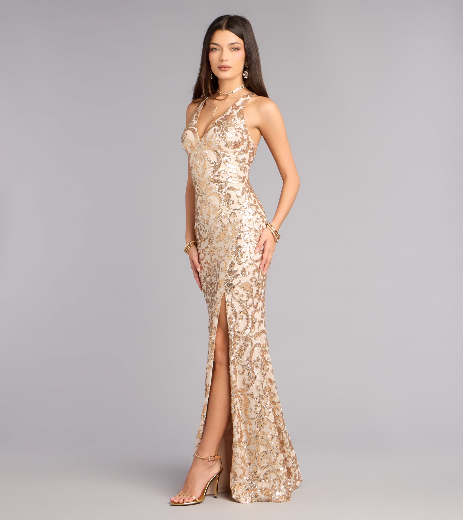 Emely Floral Sequin High Slit Mermaid Dress