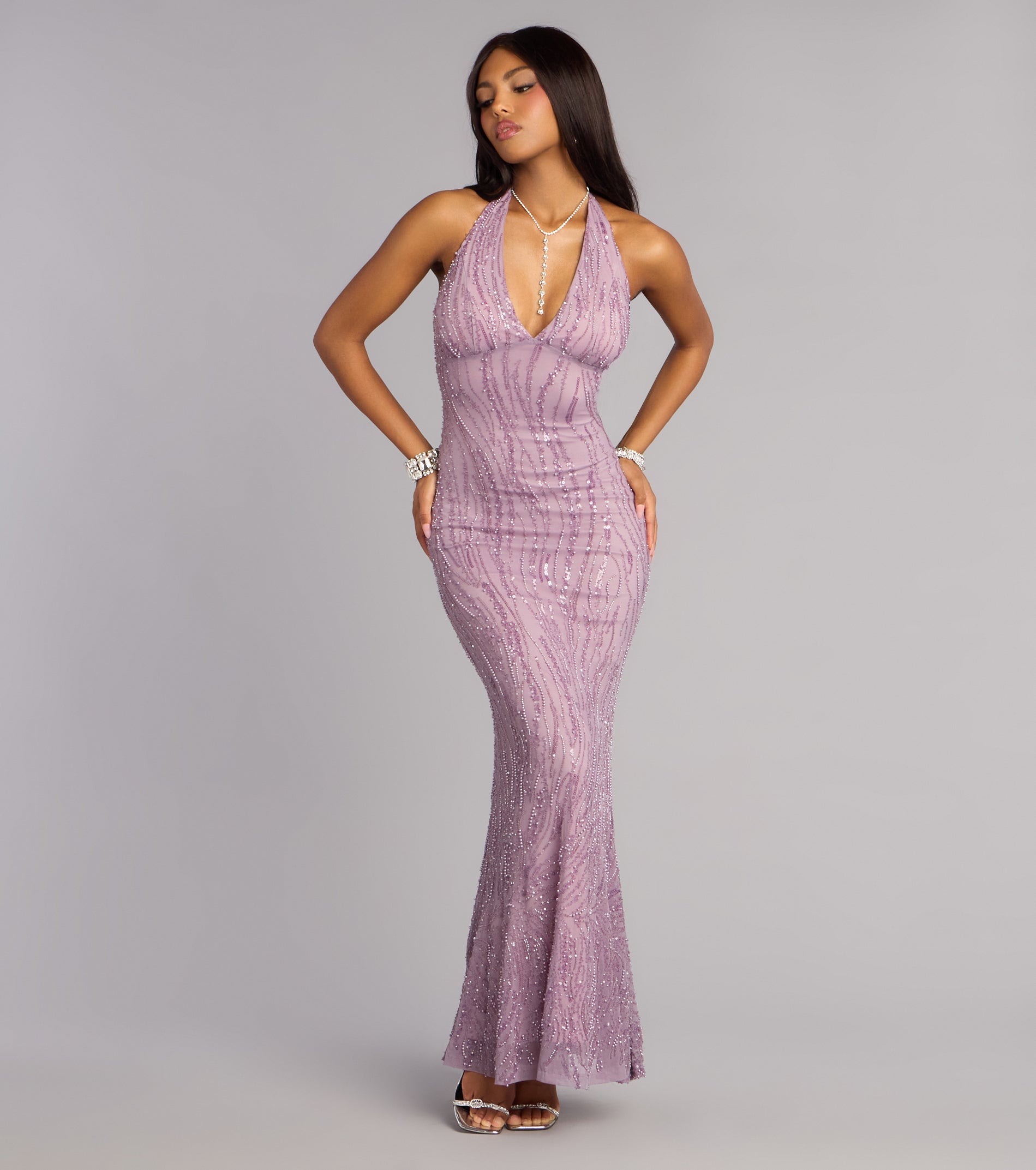 Faith Sequin Pearl Bead Formal Dress