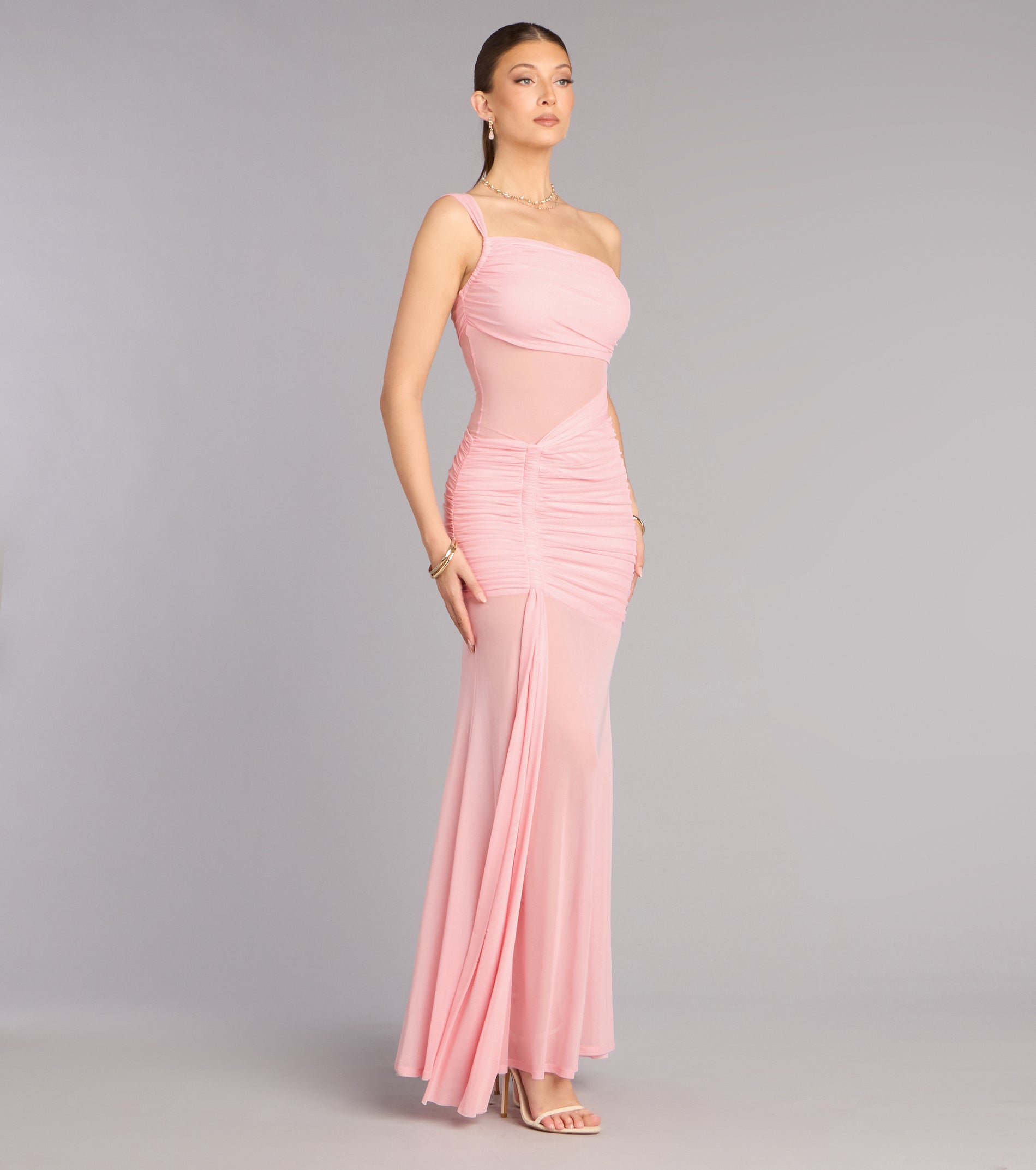 Caterina Mesh One-Shoulder Formal Dress