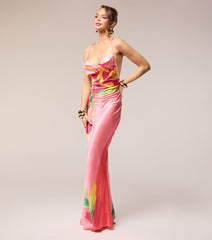 Vacation Glow Floral Satin Maxi Dress