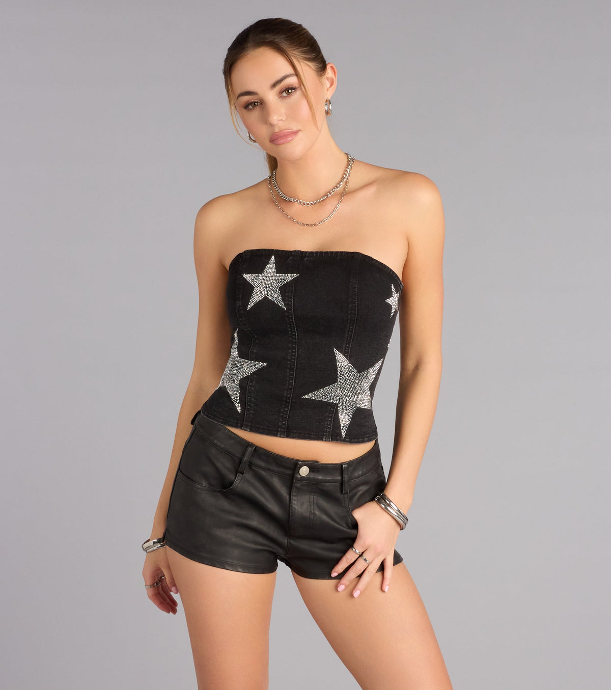 Nightfall Star Rhinestone Lace-Up Denim Top