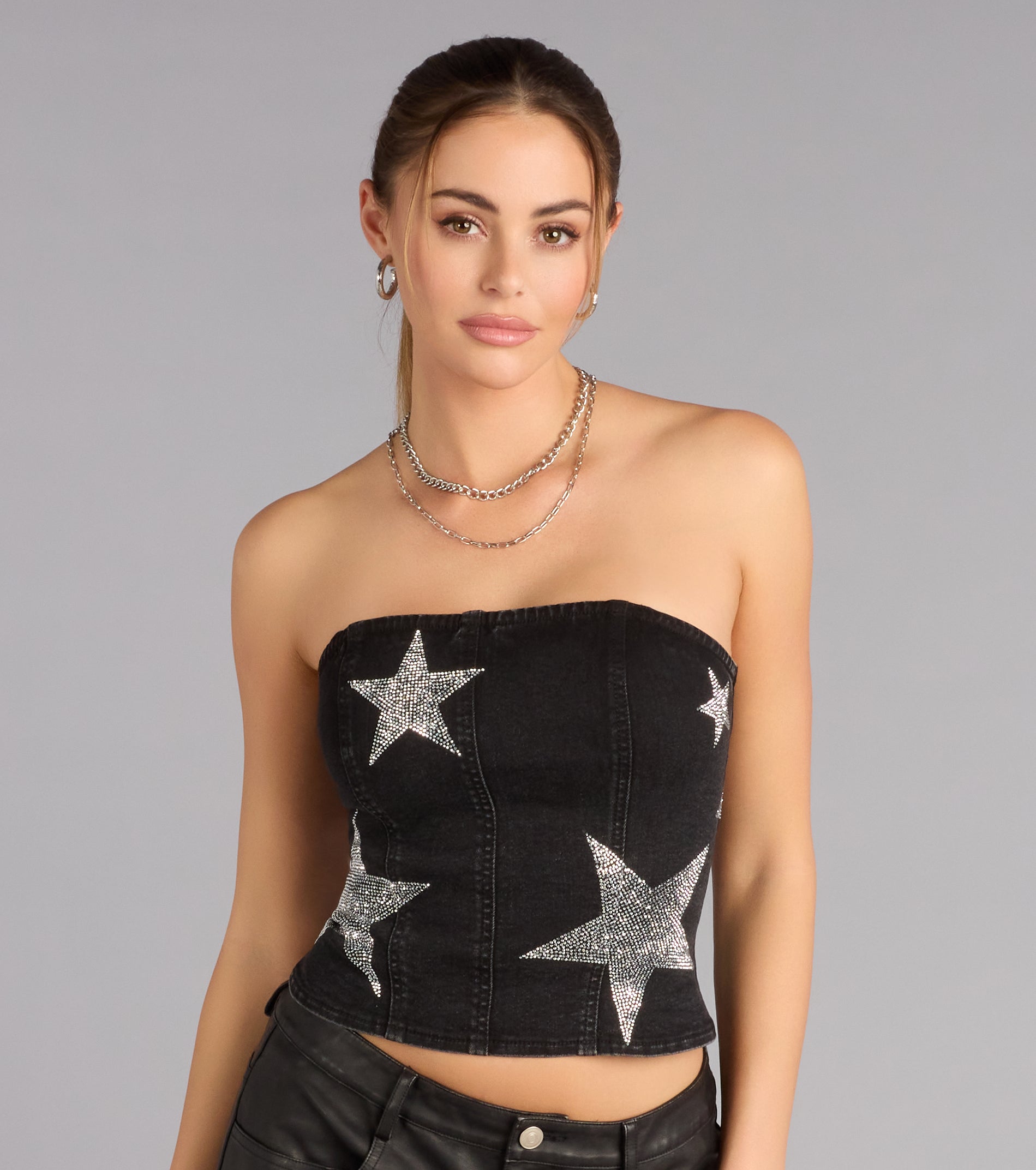 Nightfall Star Rhinestone Lace-Up Denim Top