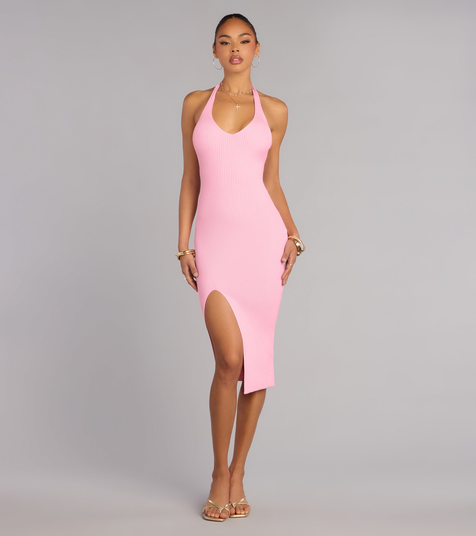 Late Dinner Plans Halter Slit Midi Dress